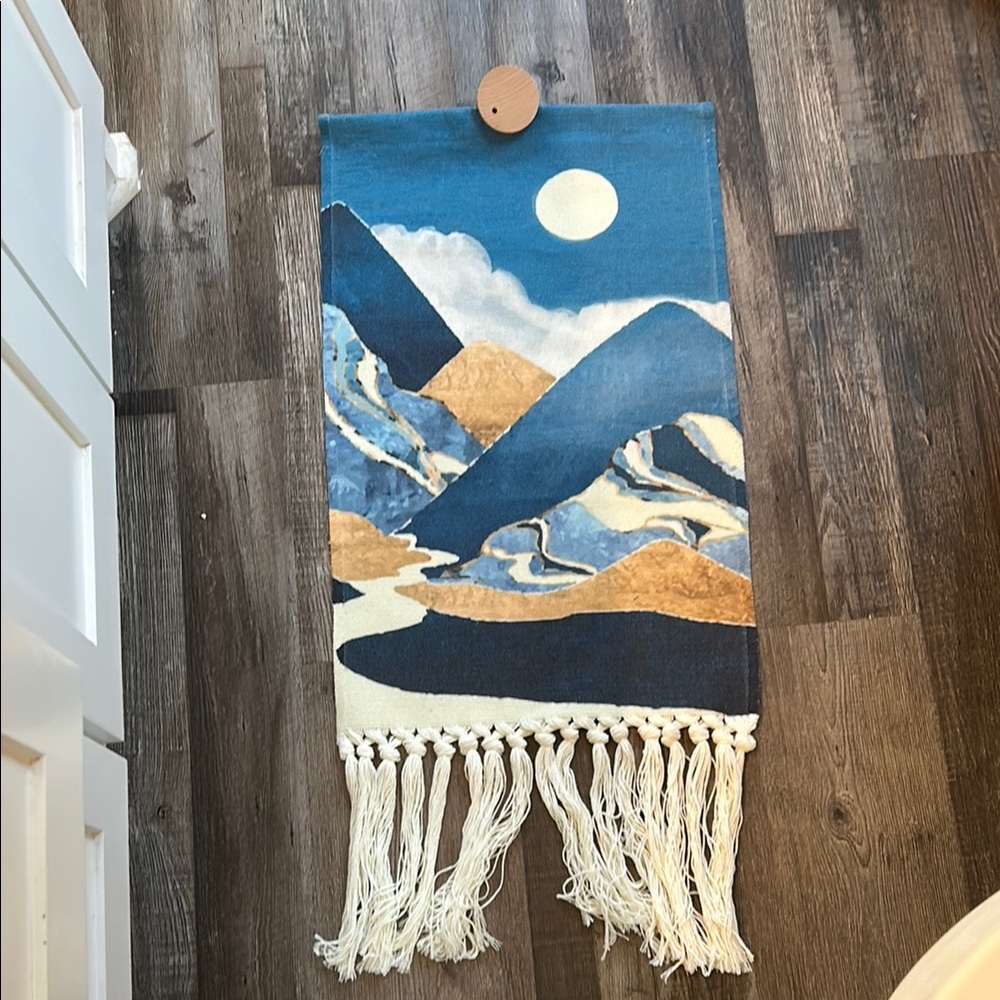 Blue and Tan Mountain Tapestry with Fringe